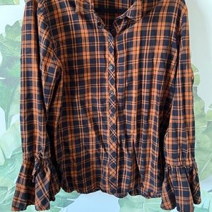 Beach Lunch Lounge Brown/Orange/Black plaid shirt with ruffle sleeve
